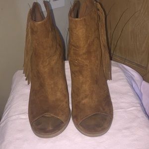 Brown fringe heeled booties